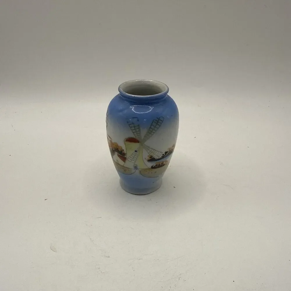 Vintage Miniature Porcelain Vase 2 3/4” Windmill Scene Blue Hand Painted Japan *